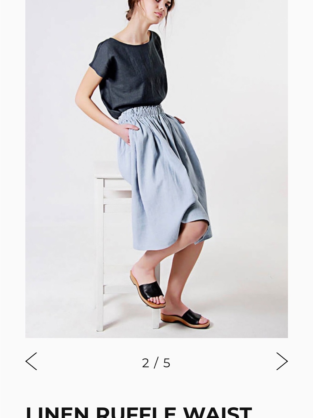 100% Linen Elastic-Waist Pale Blue Midi Skirt
